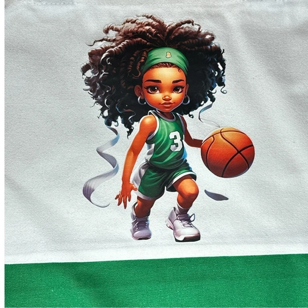 Large Canvas Tote Bag with Basketball Girl Art | Hand Pressed | 17”x14” | New